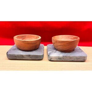 Set of 2 47th & Main Wood and Marble Condiment Dipping Dishes Bowls ~4" sq NWT